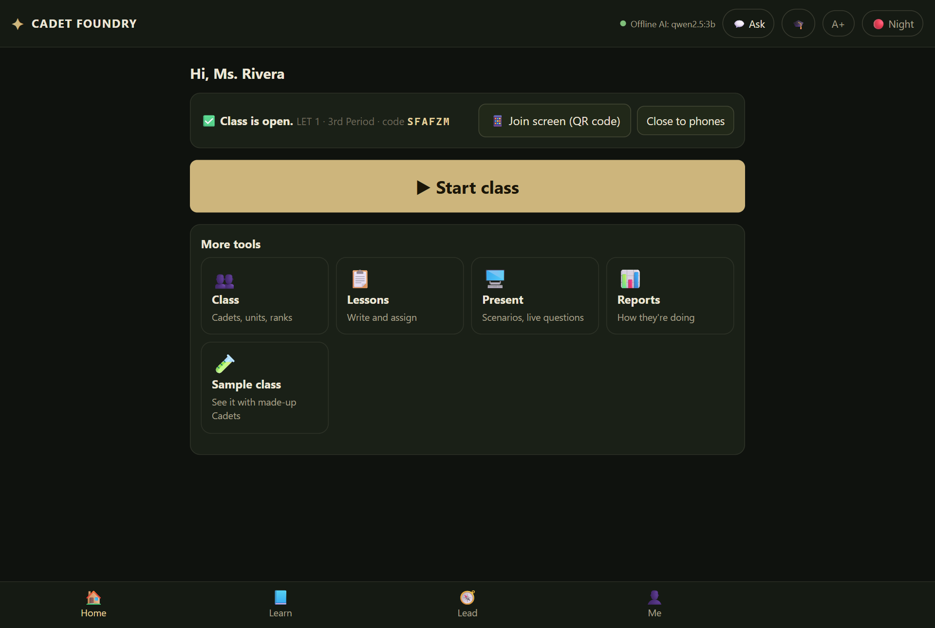 The instructor's Home screen with a big Start class button