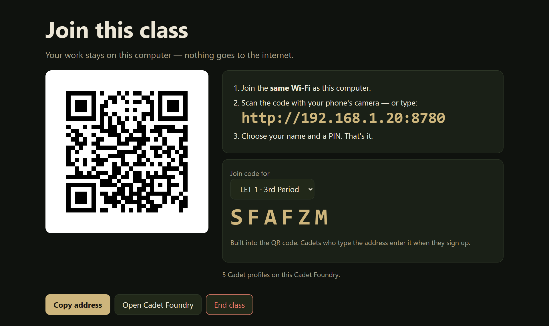 The Join screen: a large QR code, the address to type, and the class join code