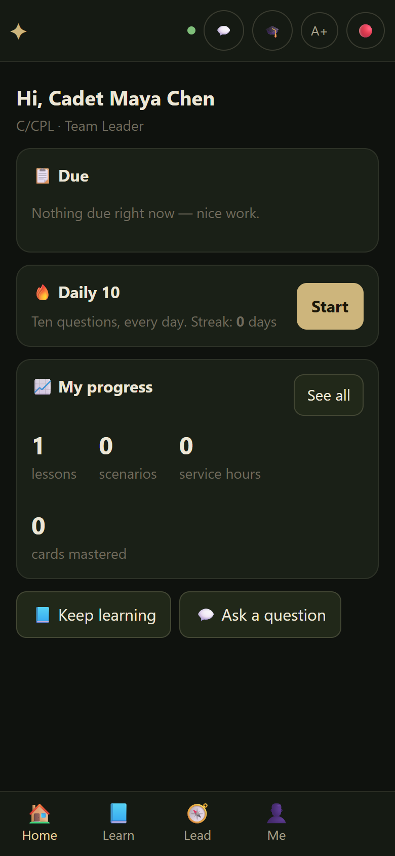 A Cadet's Home screen