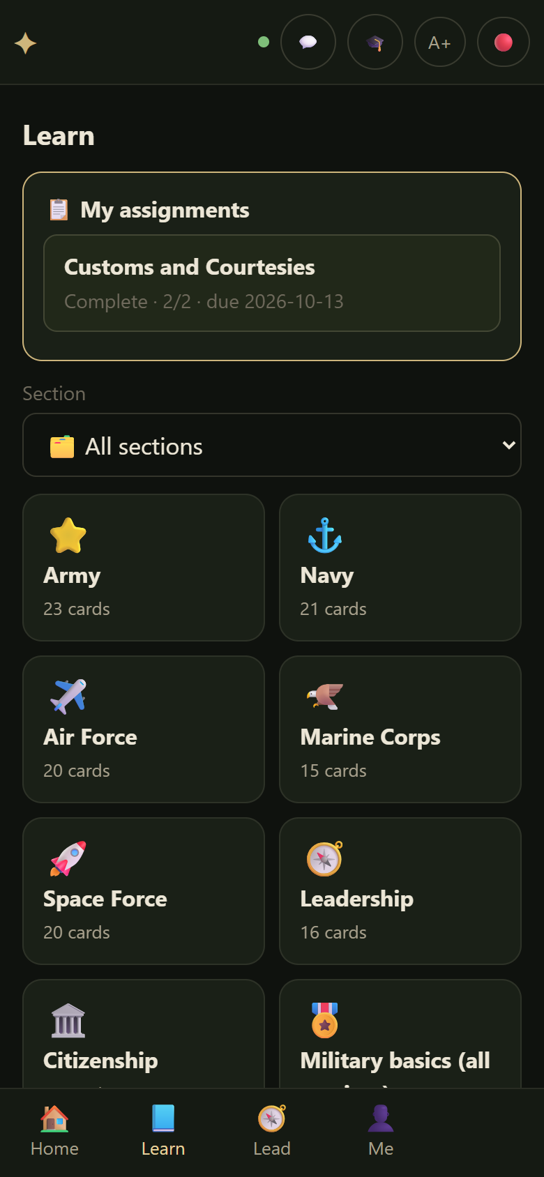 Learn: assignments and study sections for every branch