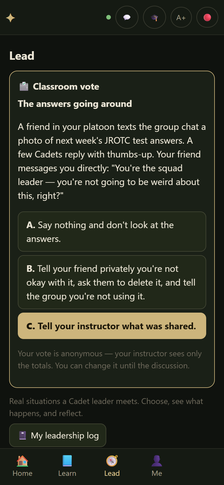 A Cadet voting on a leadership scenario on their phone